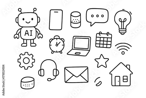 AI Doodle Icons. Hand-drawn doodle illustration AI assistants robot, smartphone, smart speaker, chat bubble, light bulb, gear, clock, laptop, envelope,