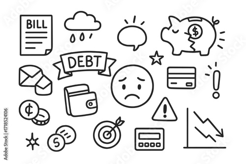 Financial Struggles Doodle. Hand-drawn doodle illustration Struggling with debt bills, envelope, coins, wallet, credit card, broken piggy bank, sigh bubble,