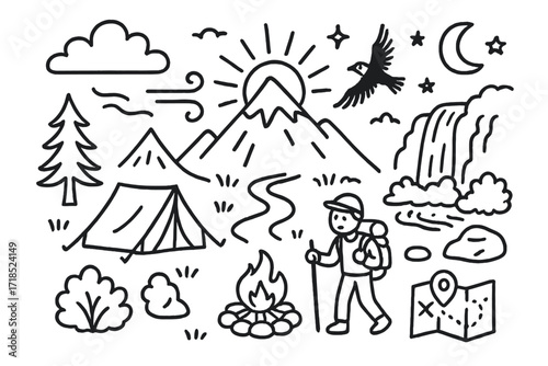 Mountain Sunset Doodle. Hand-drawn doodle illustration Mountain sunset scene [sun behind peak, pine tree, eagle, cloud, stars, moon, trail, tent, breeze,