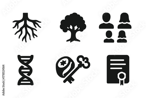Ancestry Icon Set. Solid, filled icon set of ancestry icons: roots, branches, oak tree, family members, DNA helix, heirloom ring, antique key, historical