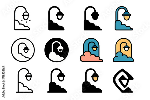 Foggy Streetlight Logos. Set Logo of Morning Fog: Streetlight in fog. Logo set in vector style, emblematic variations. line, bold thick line, solid black