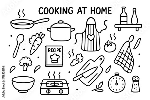 Cooking Essentials Doodle. Hand-drawn doodle illustration Cooking at Home frying pan, pot, stove, apron, recipe book, spoon, vegetables, steam, knife, timer,