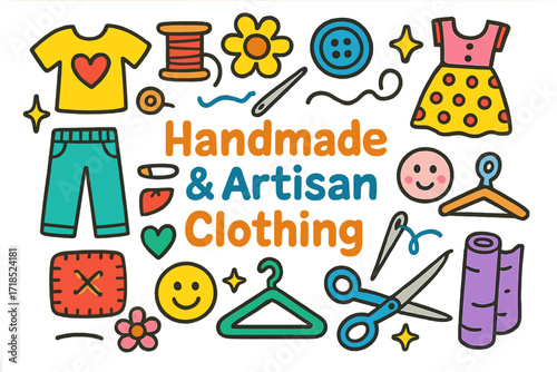Colorful Children's Clothing Doodles. Colorful Hand-drawn doodle Children illustration Handmade and Artisan Clothing shirt, dress, pants, sewing needle, thread