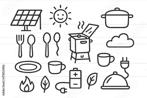 Solar Cooking Icons. Hand-drawn doodle illustration solar cooking stove solar panel, cooking pot, stove, spoon, fork, sun, plate, cup, battery, plug, cable,