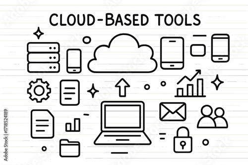Cloud Tools Doodle. Hand-drawn doodle illustration Cloud-Based Tools [cloud, server, laptop, smartphone, tablet, gear, arrow, chart, document,