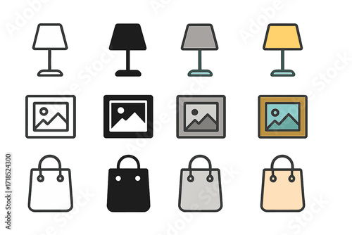 Icon Variations Grid. Three rows: each row shows one object in variations. All icons equally spaced in a ? grid ( per row). Uniform icon size. No text.