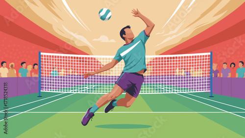 Volleyball player jumping to spike the ball in a vibrant vector illustration
