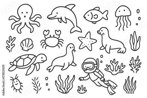 Marine Life Doodle. Hand-drawn doodle illustration [Marine animals study] [octopus, dolphin, fish, crab, seahorse, jellyfish, turtle, starfish, seal, seaweed,