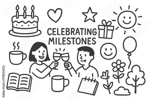 Celebratory Doodle Icons. Hand-drawn doodle illustration Celebrating milestones with friends [cake, candles, heart, star, two people clinking glasses, gift
