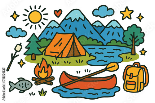 Mountain Lake Camping Fun. Camping by mountain lakes. Colorful Hand-drawn doodle Children illustration tent, mountain, lake, canoe, campfire, tree, star,