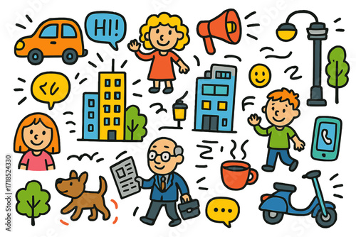City Life Doodles. Colorful Hand-drawn doodle Children illustration City Buzz cars, people, speech bubble, coffee cup, newspaper, buildings, megaphone, street