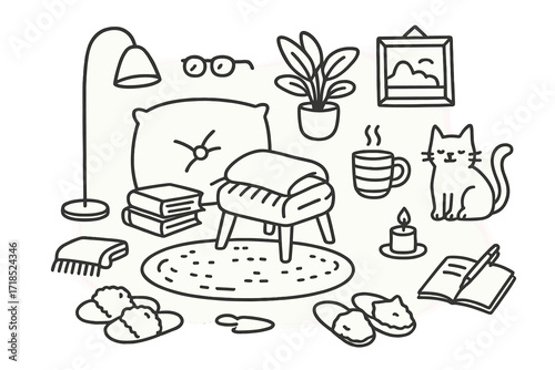 Cozy Reading Corner. Hand-drawn doodle illustration Cozy reading nook cushion, floor lamp, book stack, glasses, tea mug, blanket, slippers, plant pot, framed