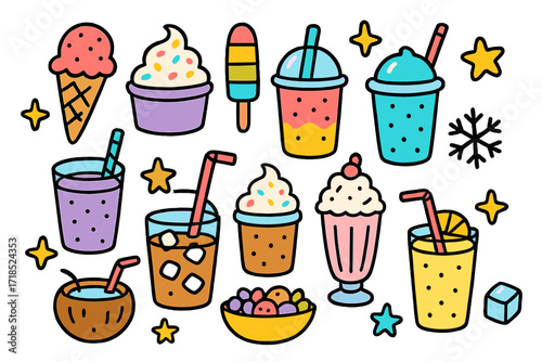 Colorful Cold Snacks. Cold snacks. Colorful Hand-drawn doodle Children illustration ice cream cone, frozen yogurt cup, popsicle, slushie, smoothie, iced