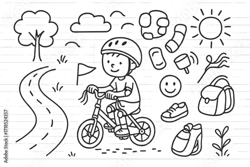 Kid's First Bike Ride. Hand-drawn doodle illustration Kid?s first bike ride small bike, helmet, knee pads, elbow pads, bell, streamers, smiley face, tree, sun,