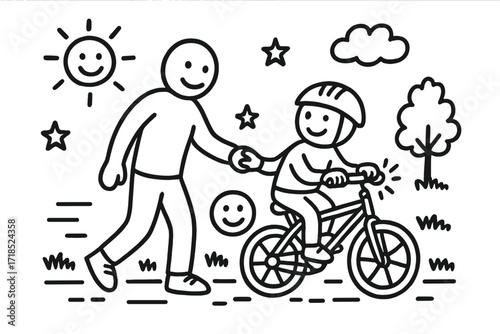 Parent-Child Bike Ride. Hand-drawn doodle illustration Parent support during bike ride adult figure, kid on bike, holding hand, helmet, encouragement icon,