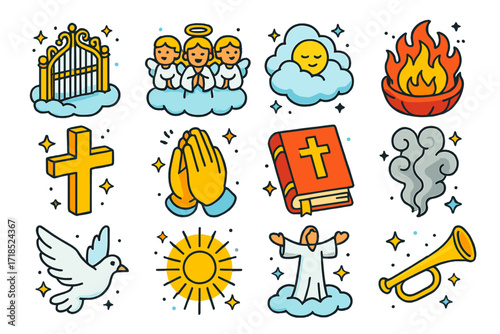 Christian Afterlife Icons Set. Colorful isometric vector icons set of Christian afterlife beliefs: golden gates, angelic choir, soul cloud, flaming hell pit,