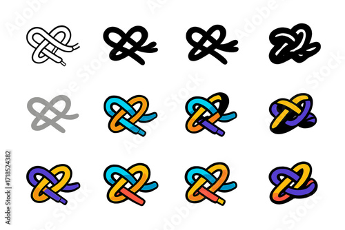 Tangle Logo Variations. Set Logo of Tangle: Knot of shoelaces. Logo set in vector style, emblematic variations. line, bold thick line, solid black filled,