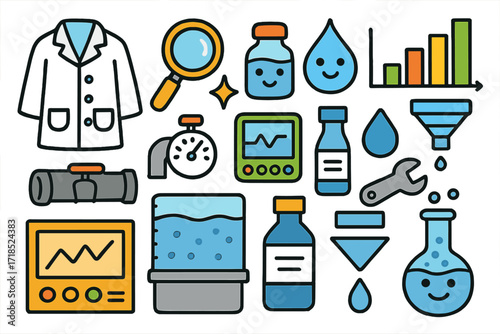 Water Quality Lab Icons. Colorful Hand-drawn doodle Children illustration Water quality control lab coat, magnifying glass, water sample, sparkle icon, droplet