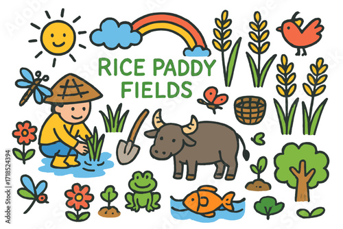 Rice Paddies Doodle. Colorful Hand-drawn doodle Children illustration Rice Paddy Fields [rice plants, water buffalo, farmer hat, basket, sun, cloud, rainbow,
