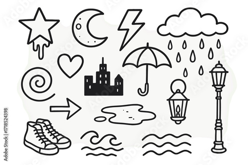 Surreal Neon Rain Doodle. Hand-drawn doodle illustration Surreal neon rain dripping star, glowing moon, lightning, umbrella, heart, spiral, city silhouette,