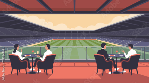 Stadium Dining: People enjoying food and drinks with a view of the sports field