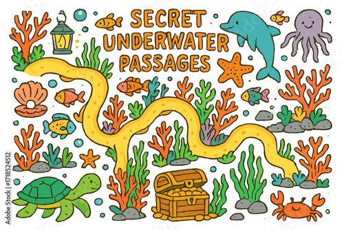 Underwater Adventure Doodles. Colorful Hand-drawn doodle Children illustration Secret Underwater Passages coral, fish, dolphin, octopus, starfish, seashell,