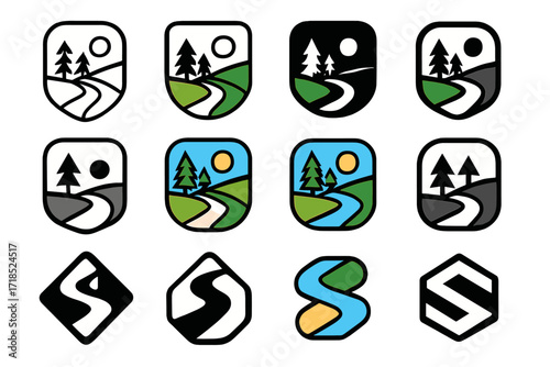 Dopamine Detox Logos. Set Logo of Dopamine Detox from Screens: Nature hike path. Logo set in vector style, emblematic variations. line, bold thick line, solid