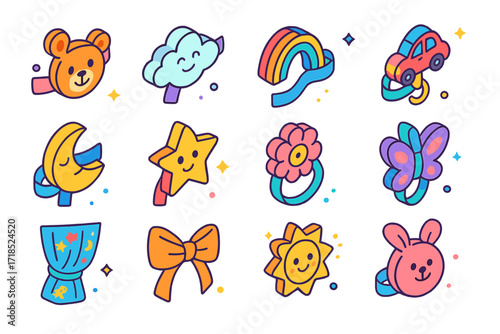 Children's Room Curtain Ties. Colorful isometric vector icons set of children?s room curtain ties: animal-shaped tieback, cloud clip, rainbow strap, car hook,