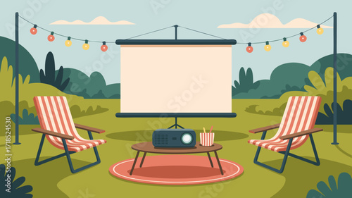 Outdoor movie night illustration with projector screen and chairs in garden scene