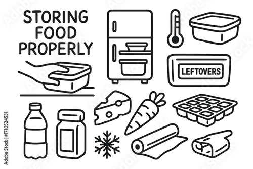 Food Storage Doodle Icons. Hand-drawn doodle illustration Storing food properly [fridge, food container, thermometer, leftovers, label, shelf, drawer, lid, ice