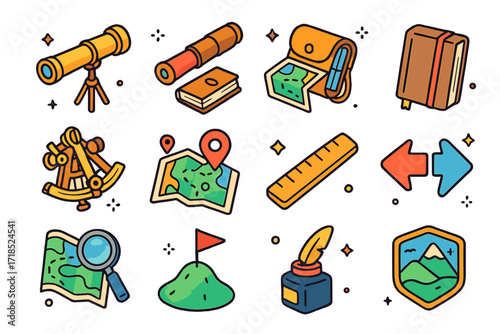 Colorful Explorer Icons. Colorful isometric vector icons set of Explorer tools and navigation: brass telescope, folding spyglass, leather map pouch, explorer?s