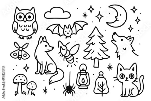 Night Creatures Doodle. Hand-drawn doodle illustration Night creatures [owl, bat, fox, wolf, moth, firefly, spider, cat, tree, moon, stars, mushrooms, cloud,