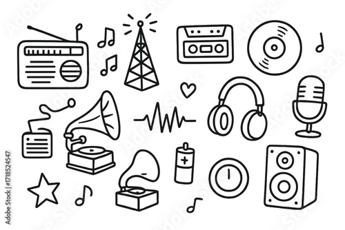 Vintage Music Doodle. Hand-drawn doodle illustration Vintage radio broadcasting retro radio, antenna, cassette tape, vinyl record, microphone, headphones,