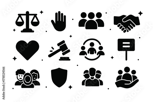 Symbols of Fairness. Fairness. Solid icons set of balanced scale, open hand, group of people, handshake, heart, justice hammer, inclusive circle, equality