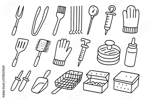 Grilling Tools Icons. Hand-drawn doodle illustration [utensils for grilling] [grill fork, grill tongs, basting brush, skewers, meat thermometer, grill spatula,