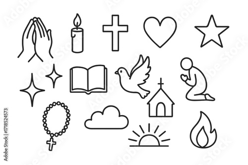 Faith Symbols Doodles. Hand-drawn doodle illustration Faithful worshippers praying hands, candle, cross, heart, star, spark, book, dove, temple, person