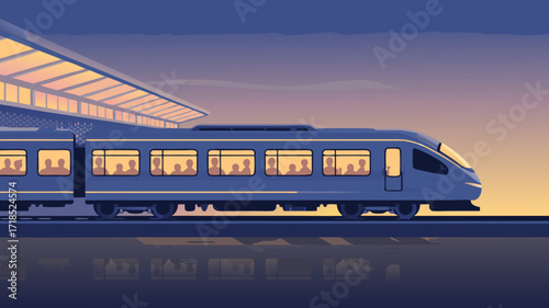 Modern high-speed train at sunset station illustration with people inside vector art