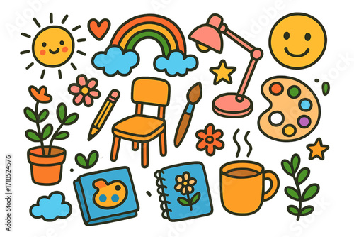 Cozy Artist's Corner. Colorful Hand-drawn doodle Children illustration Cozy Artist Corner [sketchbook, pencil, brush, palette, chair, lamp, rainbow, star,