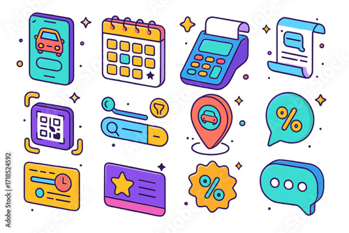 Transport Booking Icon Set. Colorful isometric vector icons set of transportation booking tools: mobile booking app, calendar date picker, payment terminal,