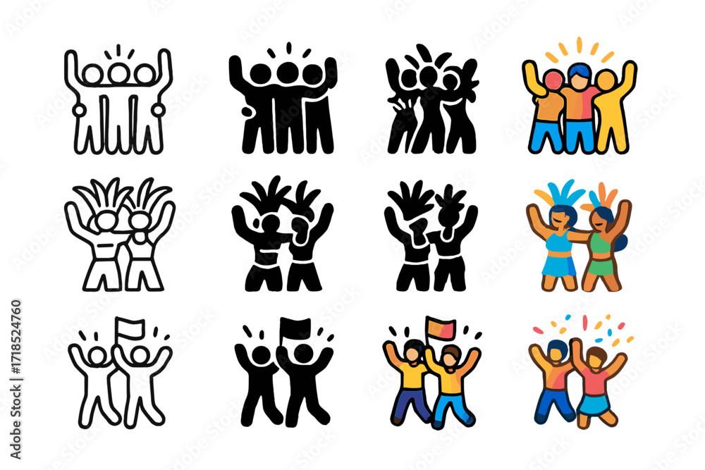 Naklejka premium Festival Joy Icons. Icon Set of Festival joy: concert crowd hug, friends in carnival, parade group cheer. Icons set in vector style, emblematic variations.