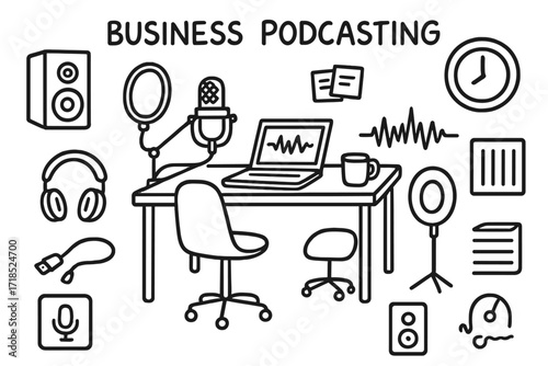 Podcasting Equipment Doodle. Hand-drawn doodle illustration [Business podcasting setups] [microphone, pop filter, laptop, headphones, waveform, desk, coffee