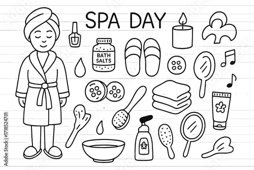 Spa Essentials Doodle. Hand-drawn doodle illustration [self-care therapy] [face mask, journal, candle, book, teacup, yoga mat, blanket, flower, essential oil