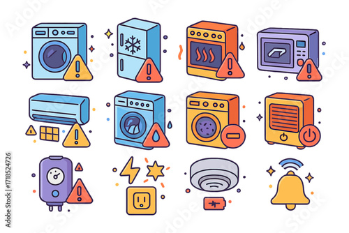 Home Appliance Alert Icons. Colorful isometric vector icons set of home appliance warning signs: washing machine alert, refrigerator temp warning, oven