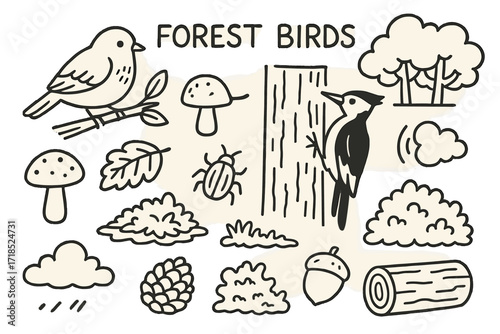 Forest Bird Doodles. Hand-drawn doodle illustration [Forest birds] [sparrow, woodpecker, branch, mushroom, leaf pile, tree bark, insect, bird call icon, forest