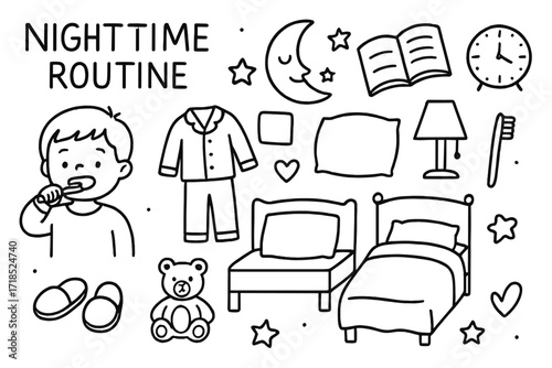 Kids' Nighttime Routine. Hand-drawn doodle illustration Nighttime routine for kids [child brushing teeth, pajamas, bed, pillow, blanket, teddy bear, moon,