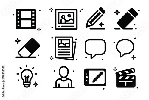 Storyboard Icons Grid. Storyboard Sketch. Solid icons set of storyboard sketch: film strip, sketch frame, pencil, eraser, storyboard paper, speech bubble,