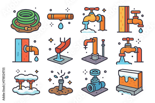 Outdoor Plumbing Icon Set. Colorful isometric vector icons set of outdoor plumbing and weather exposure: garden hose on ground, exposed pipe, snow-covered
