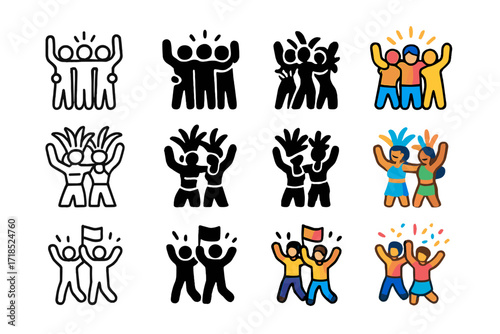 Festival Joy Icons. Icon Set of Festival joy: concert crowd hug, friends in carnival, parade group cheer. Icons set in vector style, emblematic variations.