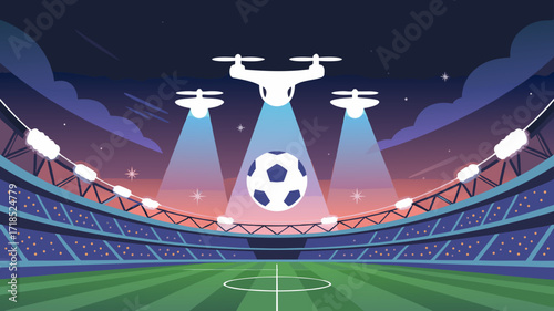 Drone Technology Lights Up Football Stadium with Soccer Ball at Night Sky
