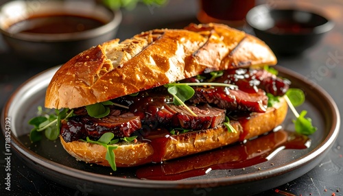 Fototapeta Naklejka Na Ścianę i Meble -  Grilled meat sandwich with sauce